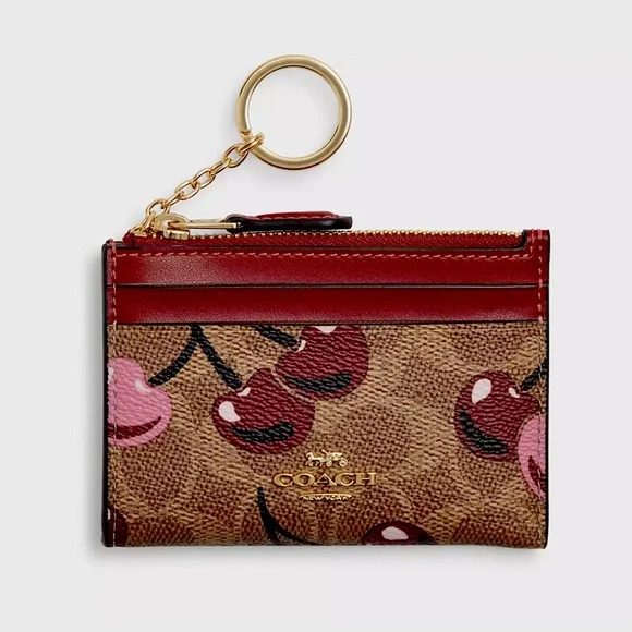 NWT COACH Mini Skinny Id Case Card Wallet & Key Chain w/Pink Cherry Print AUTHTC - Picture 5 of 8